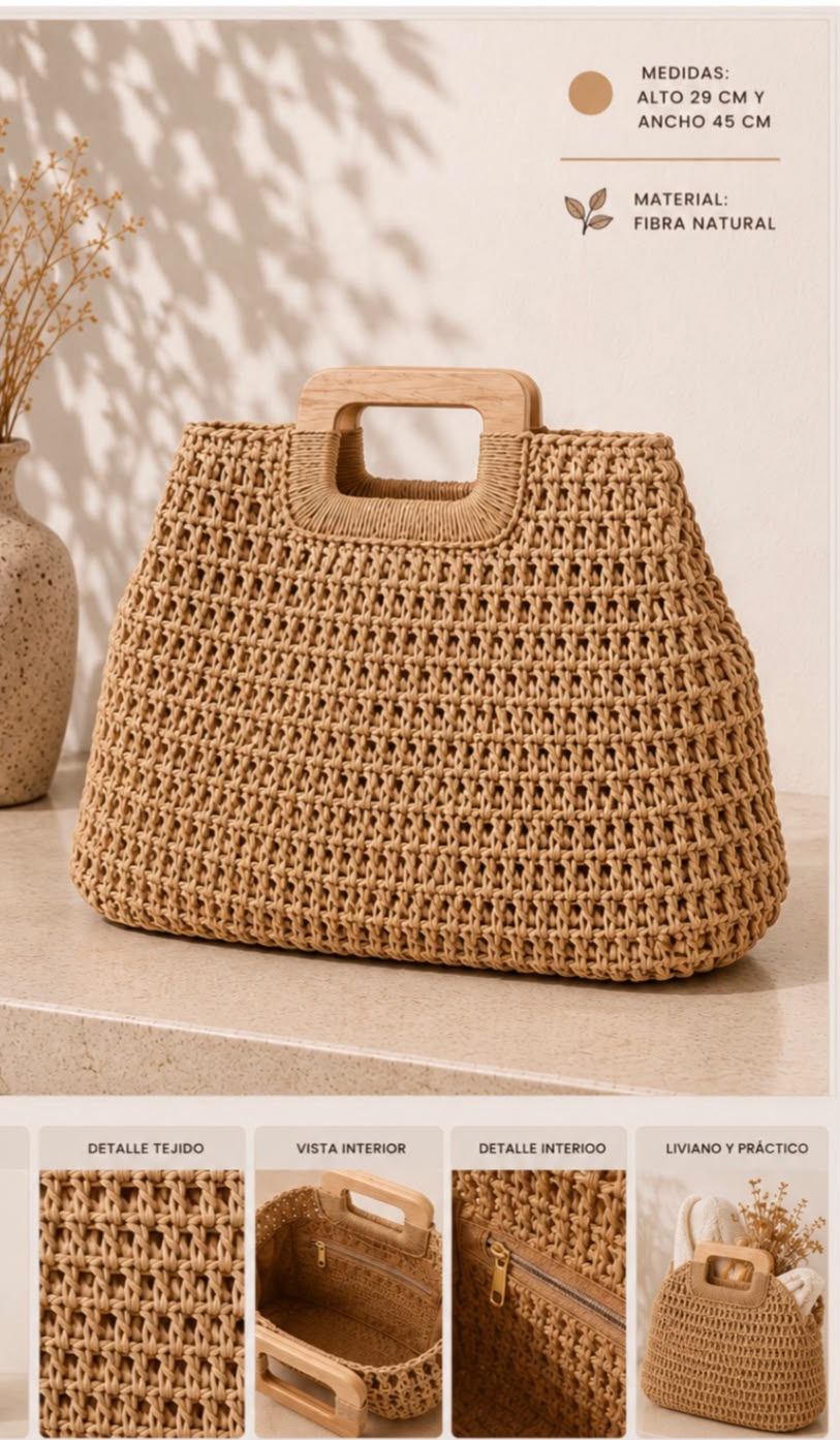 Bolso tejido en fibra natural con asa de madera, vista de perfil